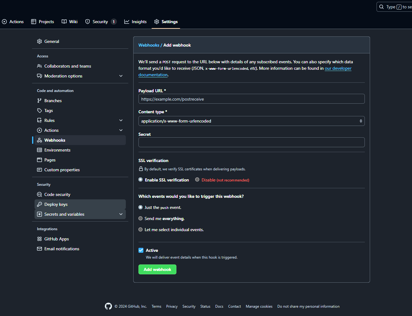 Github webhook settings